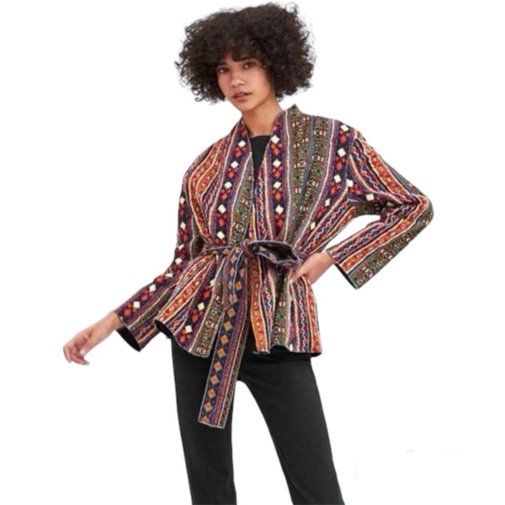 Zara Colourful Embroidered Jacket with Belt Size Small / Medium Boho Colorful
